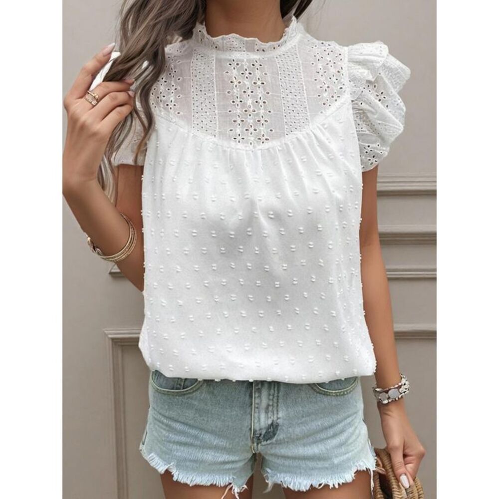 Everyday the Label Eyelet Swiss Dot Cap Sleeve Blouse Women White Blouses & - Picture 4 of 7
